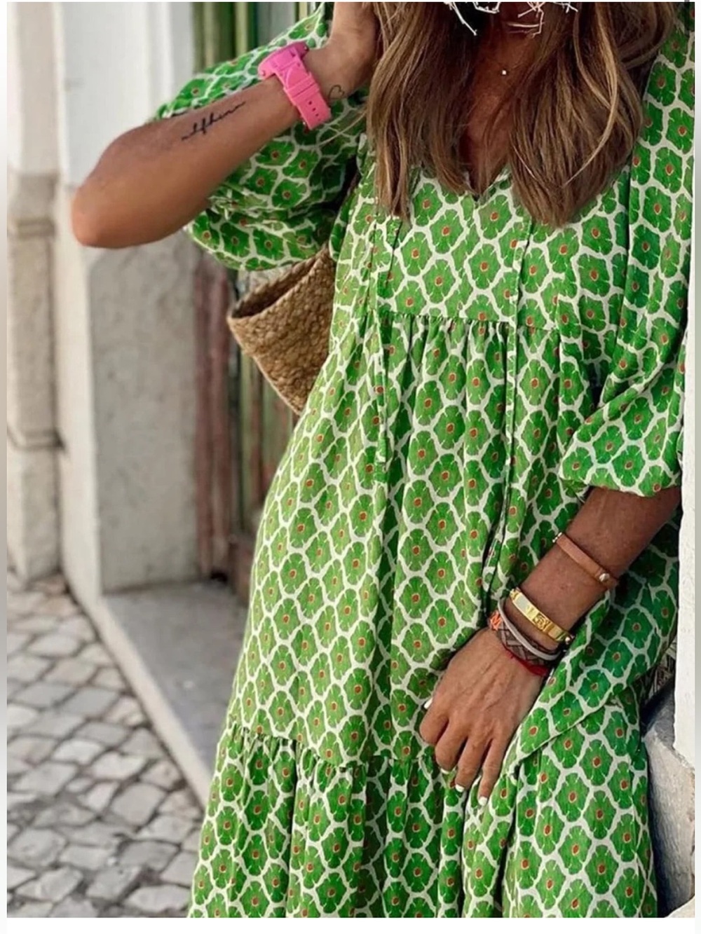 Amazon Green Printed Maxi Dress with White Geometric Pattern
